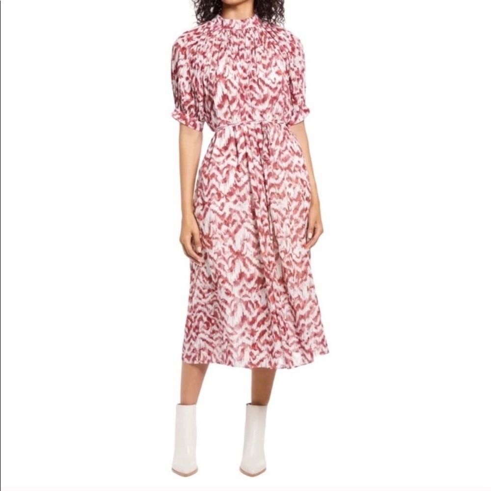 Maggy London Red &‎ White Pleated Puff Sleeve Midi Dress Size 6